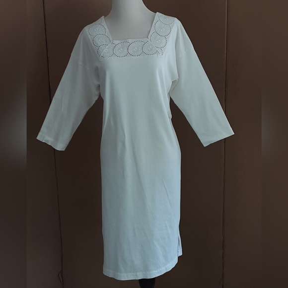 White Lace Embroidered Paisley Square Neckline 100% Cotton Casual Dress Sz M - Picture 1 of 7